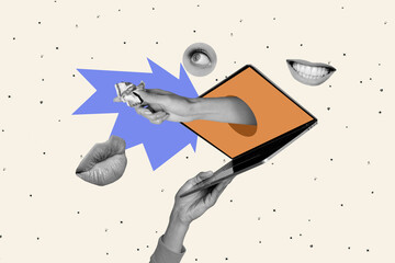 Composite 3d photo artwork collage of hole hand offer crumpled money laptop internet earnings...