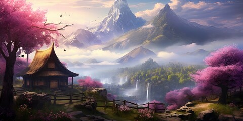 Magical scene of a thatched cottage amid blooming flowers with a mist-covered mountain landscape