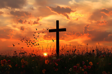 Crucifixion Of Jesus Christ - Cross On Hill At Sunset or Sunrise Sky Background
