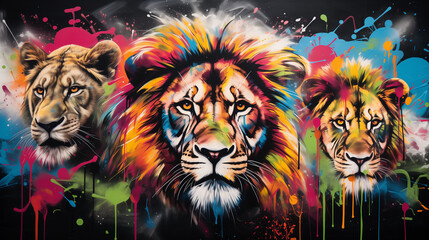 A painting of three lions on a black background.
