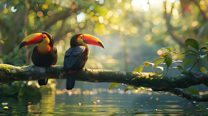 Tuinposter Two toucan tropical bird sitting on a tree branch in natural wildlife environment in rainforest jungle. AI Generated. © Gosgrapher