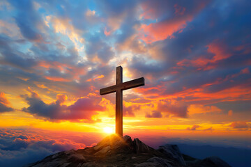 Crucifixion Of Jesus Christ - Cross On Hill At Sunset or Sunrise Sky Background - obrazy, fototapety, plakaty