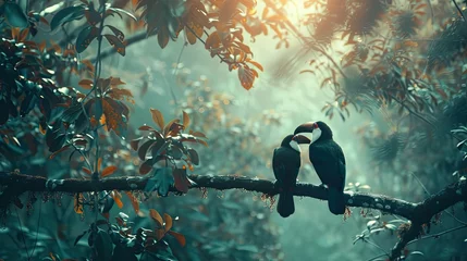 Selbstklebende Fototapeten Two toucan tropical bird sitting on a tree branch in natural wildlife environment in rainforest jungle. AI Generated. © Gosgrapher