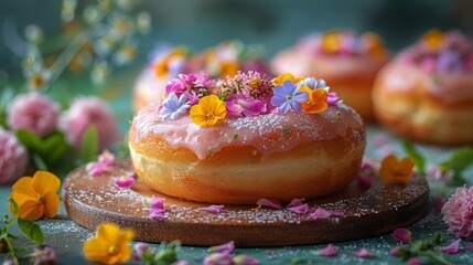 Fototapeta na wymiar Donut With Pink Icing and Flowers on Wooden Board