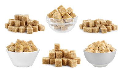Brown sugar cubes isolated on white, set