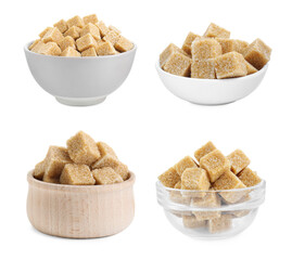 Brown sugar cubes in bowls isolated on white, set