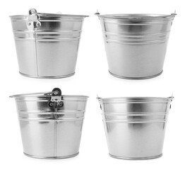 Shiny metal buckets isolated on white, set