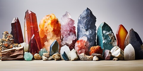 Rock collection. Crystals and colored rocks. Rock, geology mineral samples.