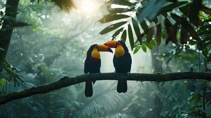Foto op Aluminium Two toucan tropical bird sitting on a tree branch in natural wildlife environment in rainforest jungle. AI Generated. © Gosgrapher