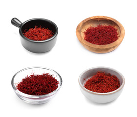 Aromatic saffron in dishes isolated on white, set