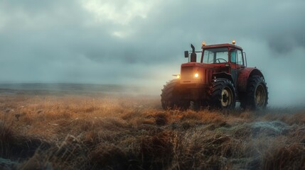 Obraz premium Red Tractor Driving Through Field