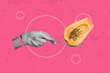 Creative poster collage photo advert of papaya fruit juicy nutrient with vitamins holding on spoon...