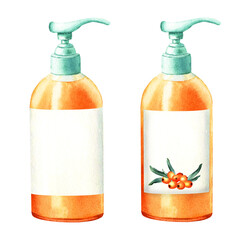 A set of dish or hand soap dispenser with label for kitchen or bathroom. Hand drawn watercolor illustration. For clip art label package