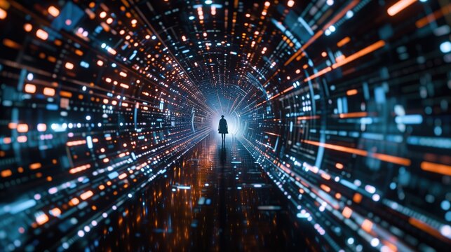 Digital technology motion light in cyberspace blue glowing tunnel background with a person silhouette in the end