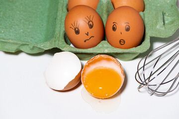 chicken eggs with painted faces, ingredients for baking