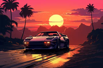 Foto op Canvas a sports car on a road with palm trees and mountains in the background © Maxim