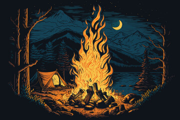 Camping vector background. Night camp in a forest with tents. Landscape view on a campsite.