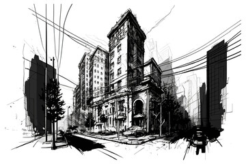 Line drawn house. City graphic. Vector illustration. Vintage building.