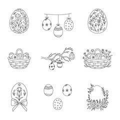 Easter illustration set, Easter eggs, Easter basket, basket with eggs, Easter frame, Easter decorations, flowers, floral, hand drawn, outline icons, line art, spring collection, isolated 