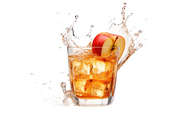 Apple Splashing Into Glass of Ice. An apple is shown splashing into a glass of ice creating ripples and bubbles in the water. The ice cubes floating in the glass.