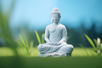 a white statue of a buddha sitting on a rock