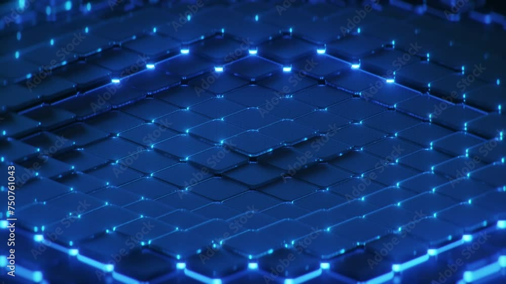 Poster grid of glass squares and blue lights. seamless loop 3d render animation