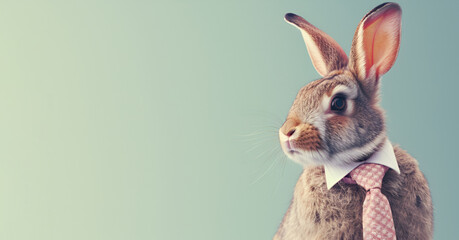 Easter rabbit in a tie poses against a serene blue background, showcasing a touch of festive charm