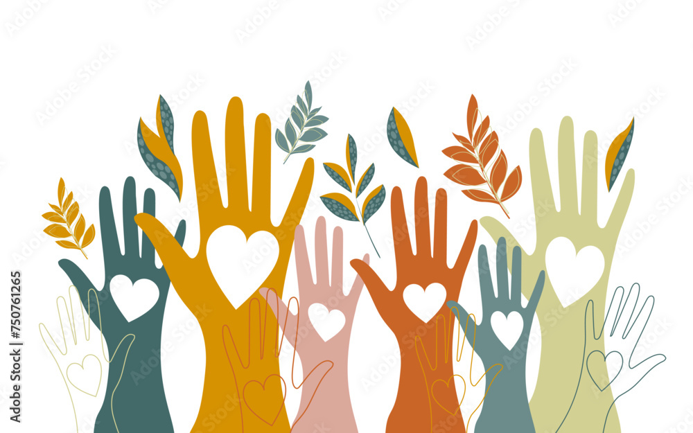 Wall mural volunteers, social workers, men and women hold hearts in their palms. unity, cohesion of a multinati - Wall murals
