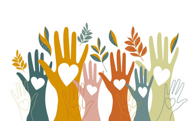 Volunteers, social workers, men and women hold hearts in their palms. Unity, cohesion of a multinational society. Vector.