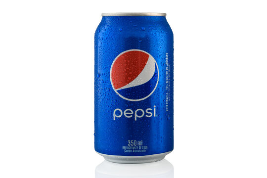 S&Atilde;O PAULO, BRAZIL - MARCH 02, 2024 one 350 ml PEPSI COOL REFRIGERANT CANS, NEW FORMULA, Iced DRINK, WHITE BACKGROUND