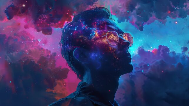 A cosmic detective, draped in jewel tones, unravels a murder mystery amid the chaos of a big bang