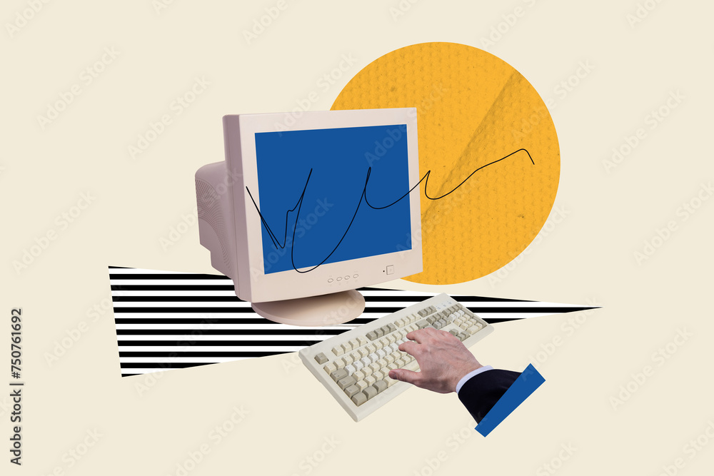 Poster composite trend artwork sketch 3d photo collage of specialist man hand use keyboard type security pa
