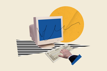 Composite trend artwork sketch 3D photo collage of specialist man hand use keyboard type security...