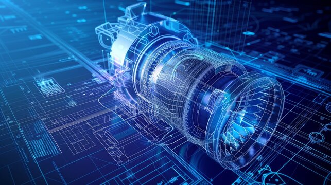 Blueprint of a turbine, Von Mises stress isometric view of turbine. Blueprint finite element analysis, 3D Illustration
