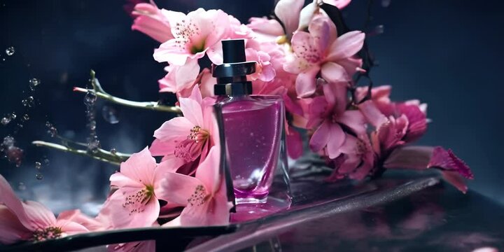 Anamorphic shot of a bottle of perfume rotates in flowers with liquid splash. High quality 4K