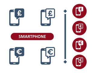 Smartphone Icons. Mobile Phone, Telephone, Pound, Euro, Money, Internet Banking, Online Shopping Icon