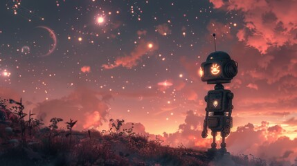 Under the glow of a horoscope-lit sky with a melancholic robot - obrazy, fototapety, plakaty