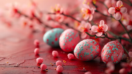 Œufs de Pâques décoratifs et fleurs de printemps sur fond rouge - obrazy, fototapety, plakaty