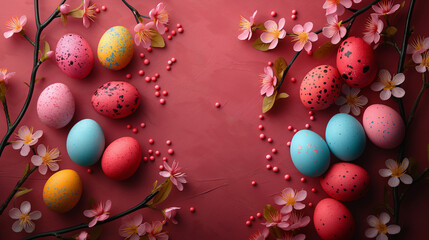 Fototapeta na wymiar Œufs de Pâques décoratifs et fleurs de printemps sur fond rouge