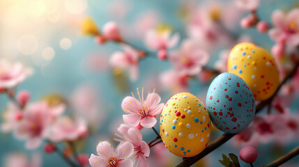Fototapeta na wymiar Œufs de Pâques décoratifs et fleurs de printemps sur fond bleu