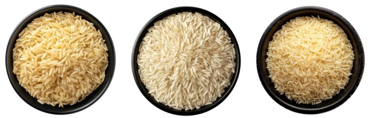 Top view bowls with raw basmati rice isolated on a black surface