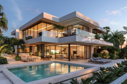 exterior perspective view af a very modern villa in marbella, two floors, large glass vindows, exterior garden pool, very high details, high resolution, turquoise sky, 3D model