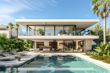 Fototapeta premium exterior perspective view af a very modern villa in marbella, two floors, large glass vindows, exterior garden pool, very high details, high resolution, turquoise sky, 3D model