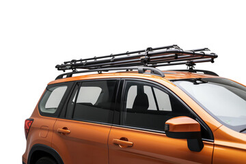 Car With Roof Rack Parked Outside. A car parked outside with a roof rack installed on top, ready for transporting luggage, outdoor gear or sporting equipment. Isolated on a Transparent Background PNG. - obrazy, fototapety, plakaty