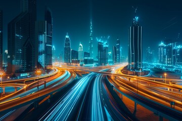 Fototapeta na wymiar cityscape in the night at freeway Generative AI