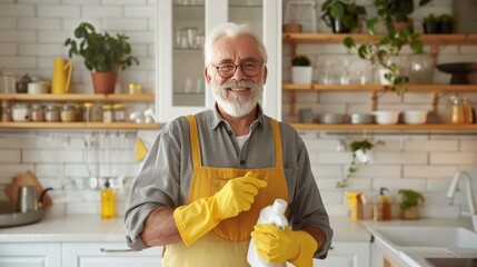 An older man wearing yellow gloves smiles in a clean kitchen while holding a white bottle of cleaning agent