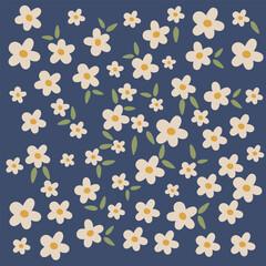 Vector floral pattern on a blue background, flat drawing floral, flowers background
