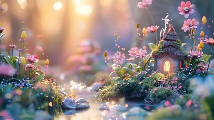 Magical Fairy Village in a Pink Flower Forest - obrazy, fototapety, plakaty
