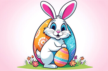 Cartoon rabbit with pink ears holding Easter egg in front of another egg
