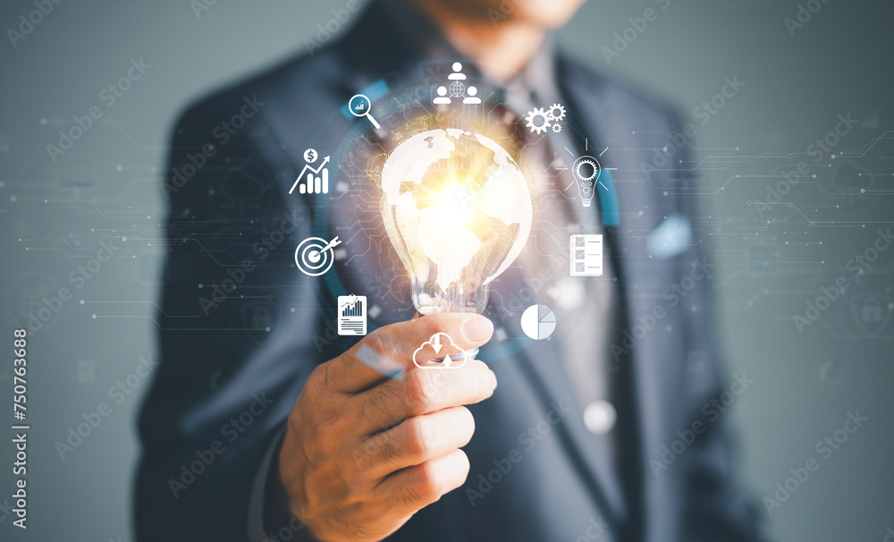 Poster ai tech expert business. businessman show virtual graphic global internet connect robot. chat ai, ar